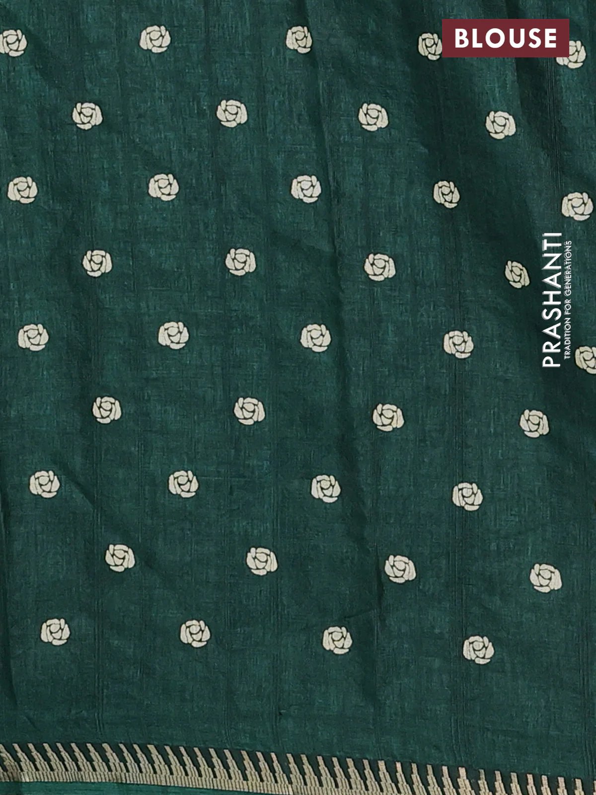 Semi raw silk saree dark green with floral butta prints and temple design zari woven border - Image 4