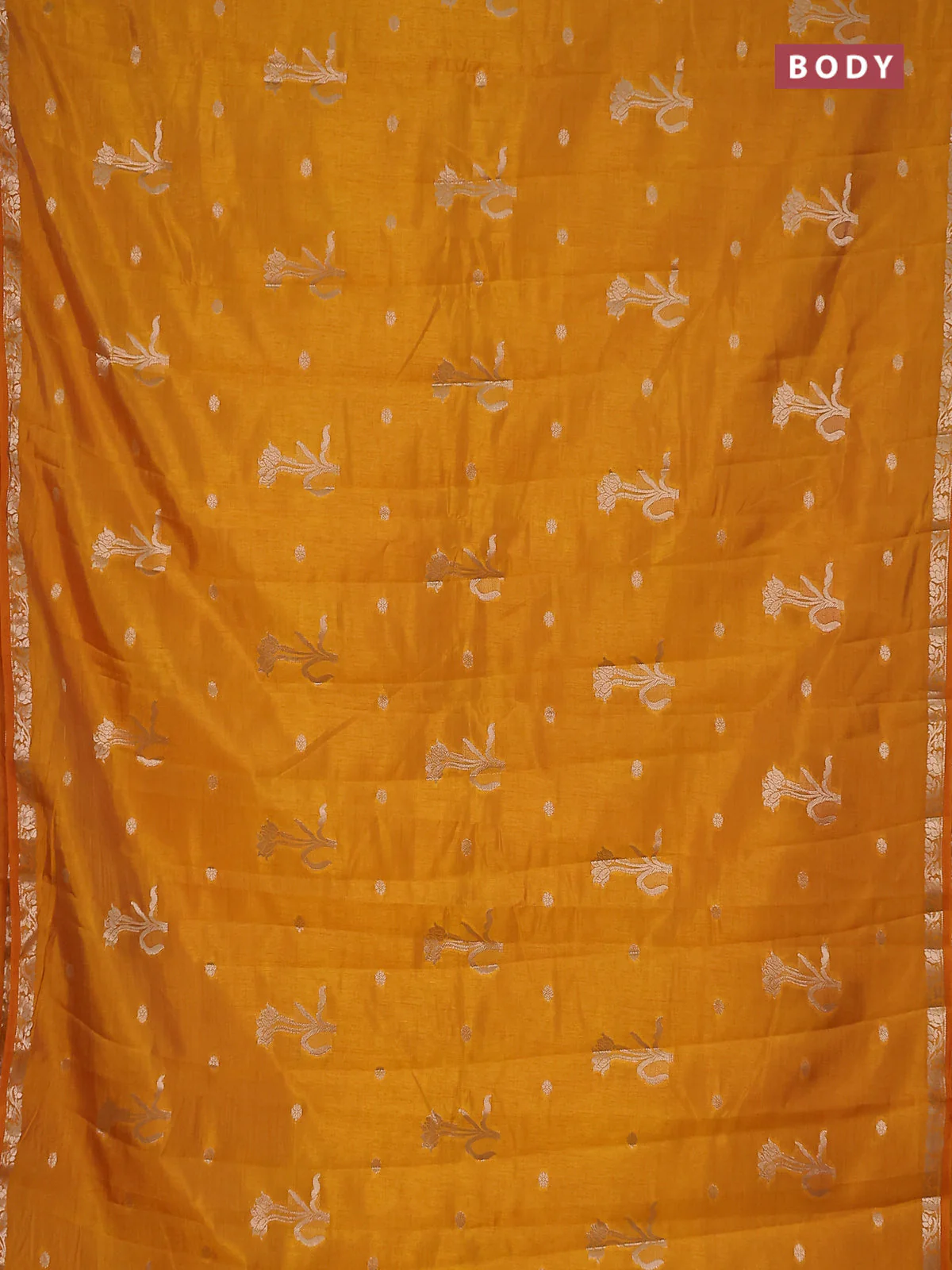 Semi raw silk saree dark mustard with zari woven floral buttas and small zari woven border - Image 2