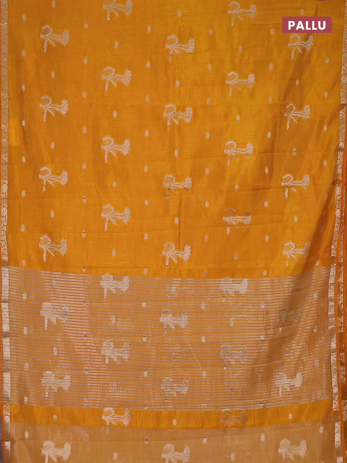 Semi raw silk saree dark mustard with zari woven floral buttas and small zari woven border - Image 3