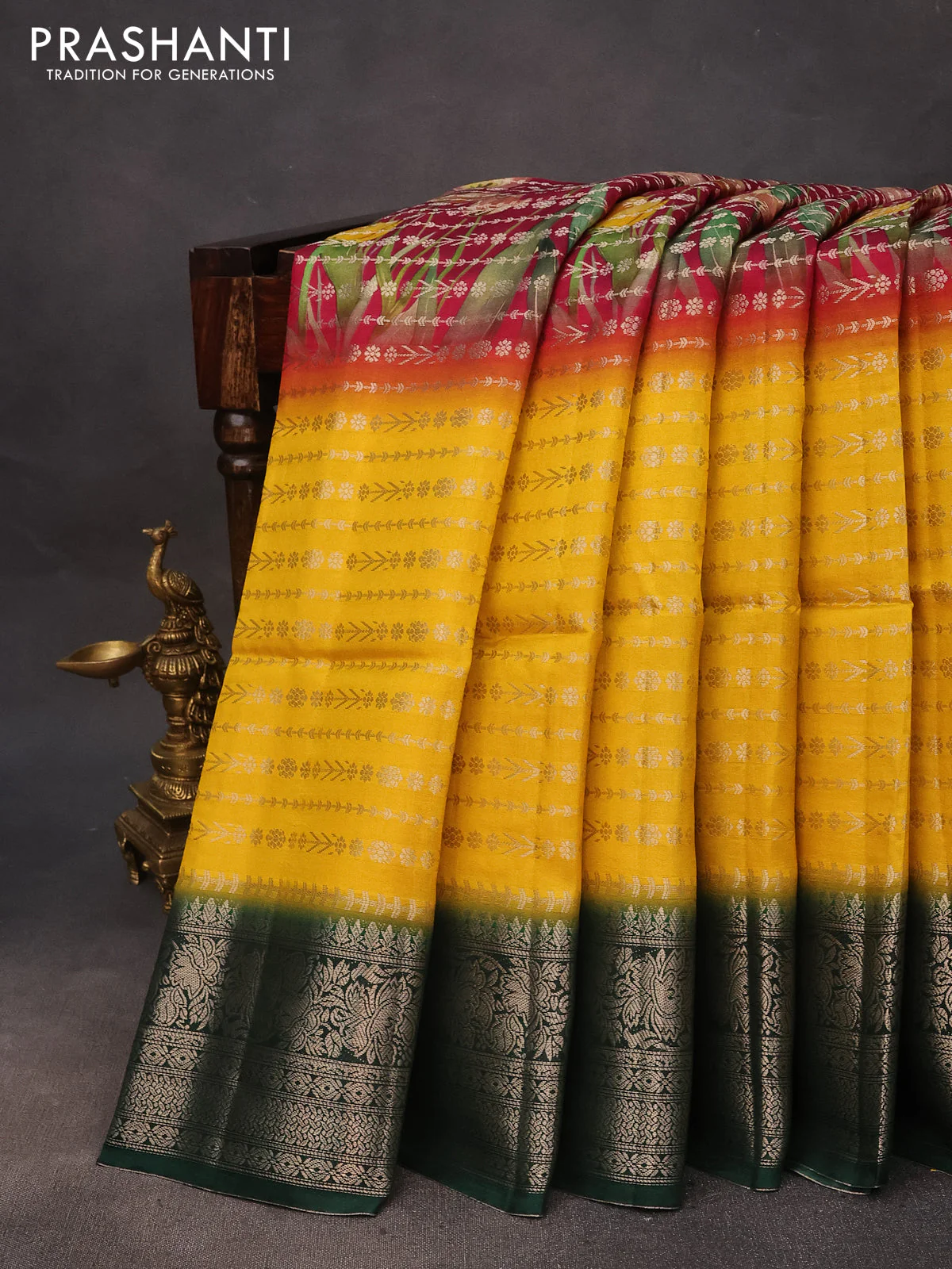 Semi raw silk saree dark pink and yellow green with allover zari weaves & floral digital prints and zari woven border - Image 2