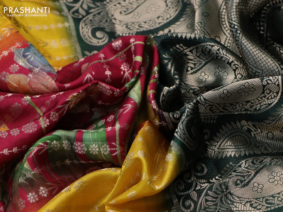 Semi raw silk saree dark pink and yellow green with allover zari weaves & floral digital prints and zari woven border - Image 3