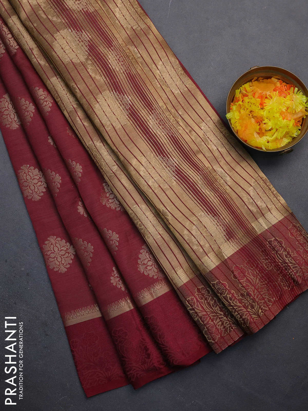 Semi raw silk saree deep maroon with zari woven buttas and zari woven simple border