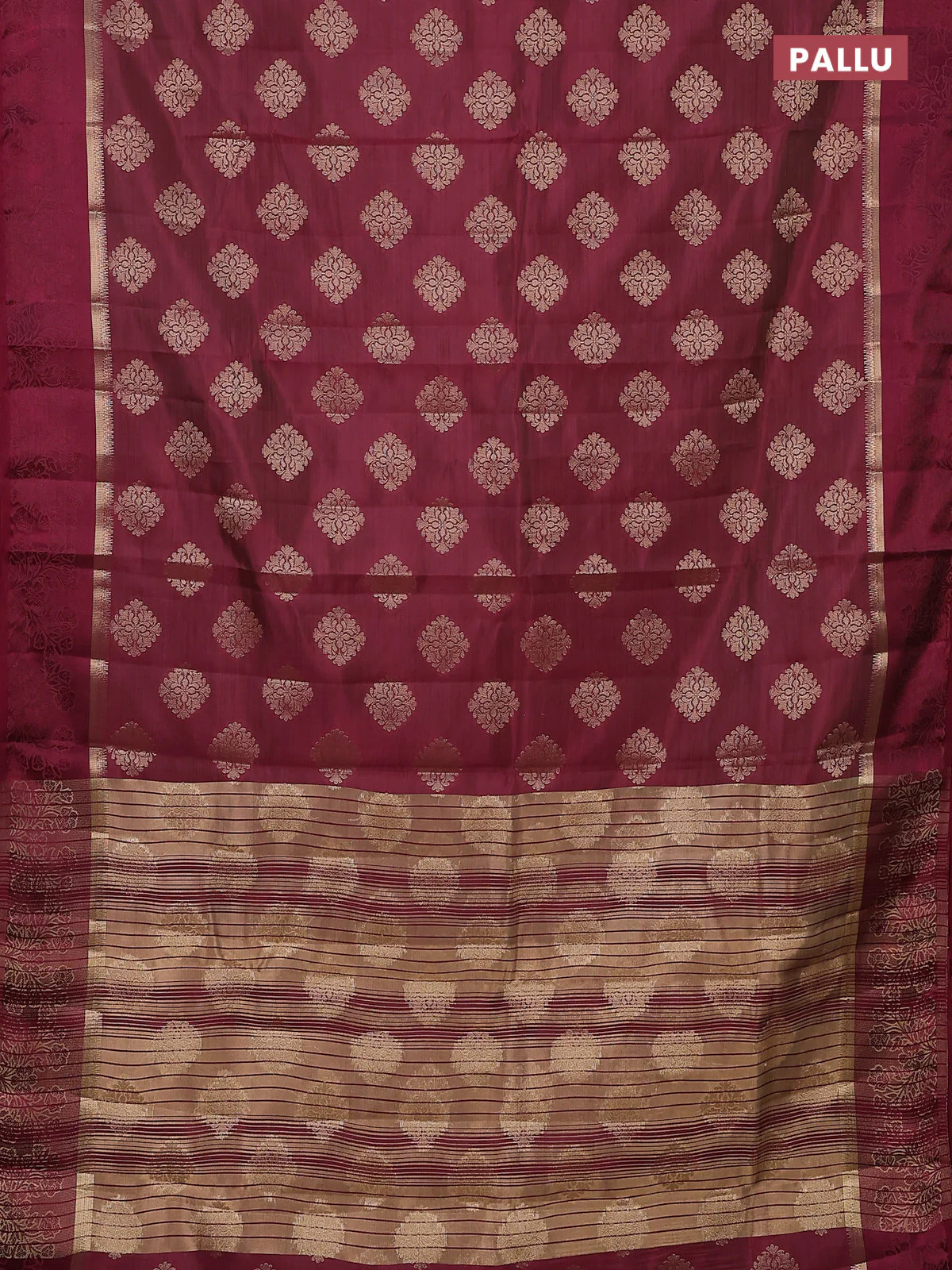 Semi raw silk saree deep maroon with zari woven buttas and zari woven simple border - Image 3