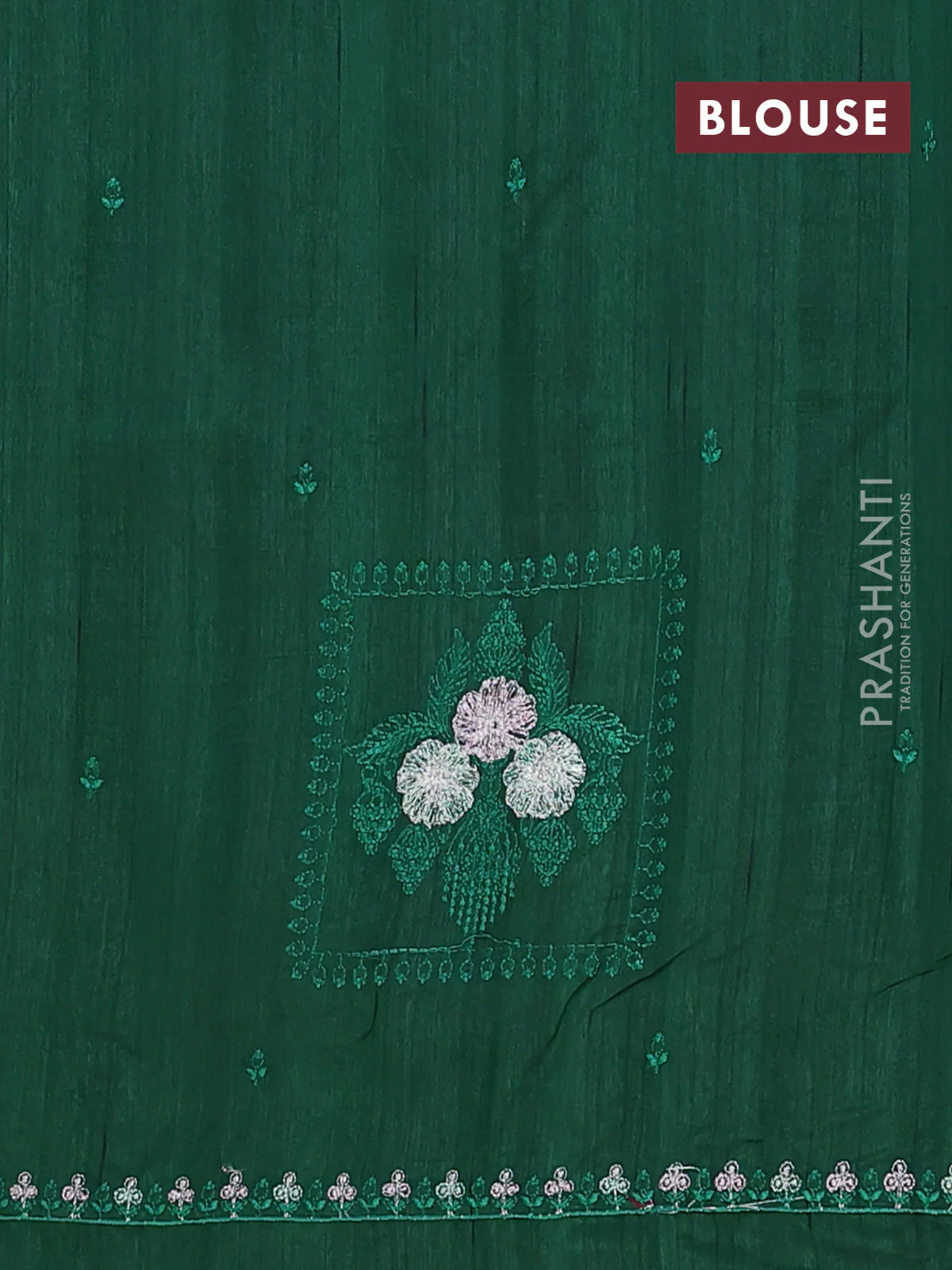Semi raw silk saree green with allover embroidery buttas and embroidery border - Image 4