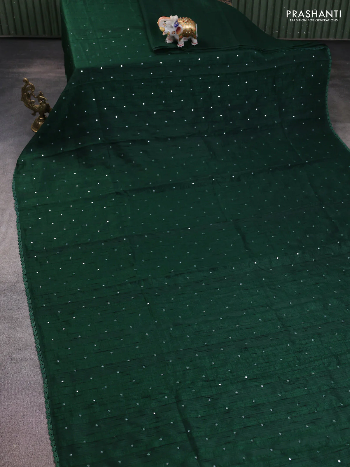 Semi raw silk saree green with allover mirror work and lace work border - Image 2
