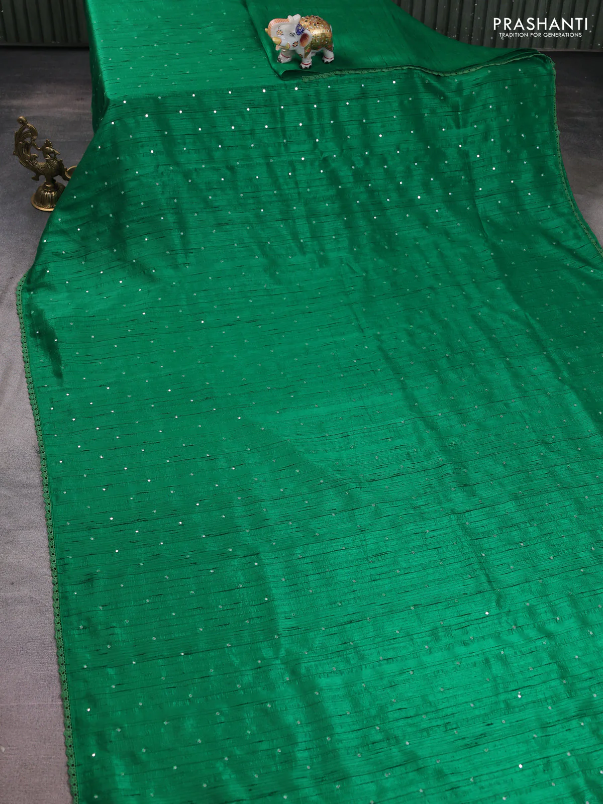 Semi raw silk saree green with allover mirror work and lace work border - Image 2