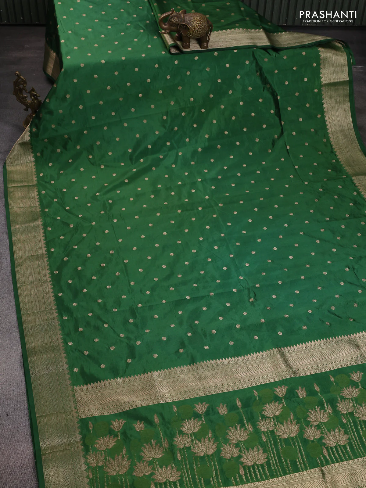 Semi raw silk saree green with allover zari woven buttas and zari woven border - Image 2