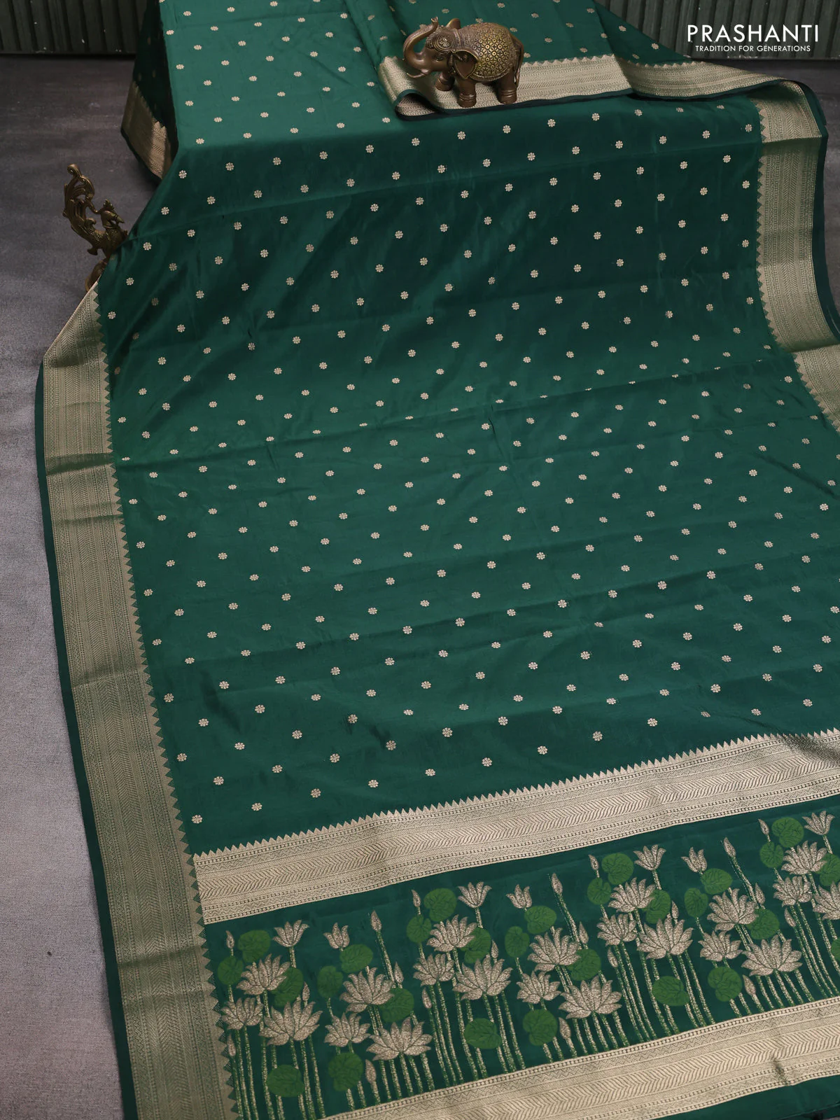 Semi raw silk saree green with allover zari woven buttas and zari woven border - Image 2
