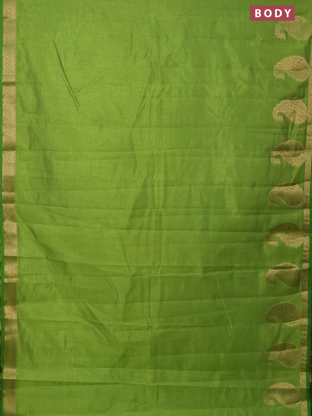 Semi raw silk saree green with plain body and paisley design zari woven butta border - Image 2