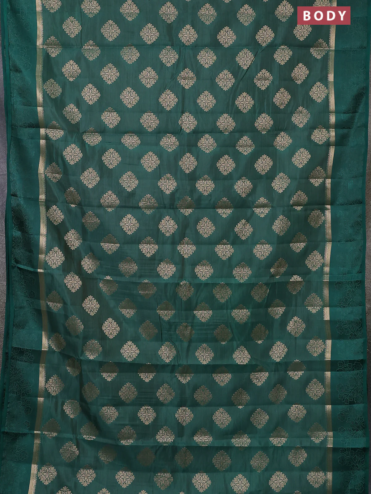 Semi raw silk saree green with zari woven buttas and zari woven simple border - Image 2
