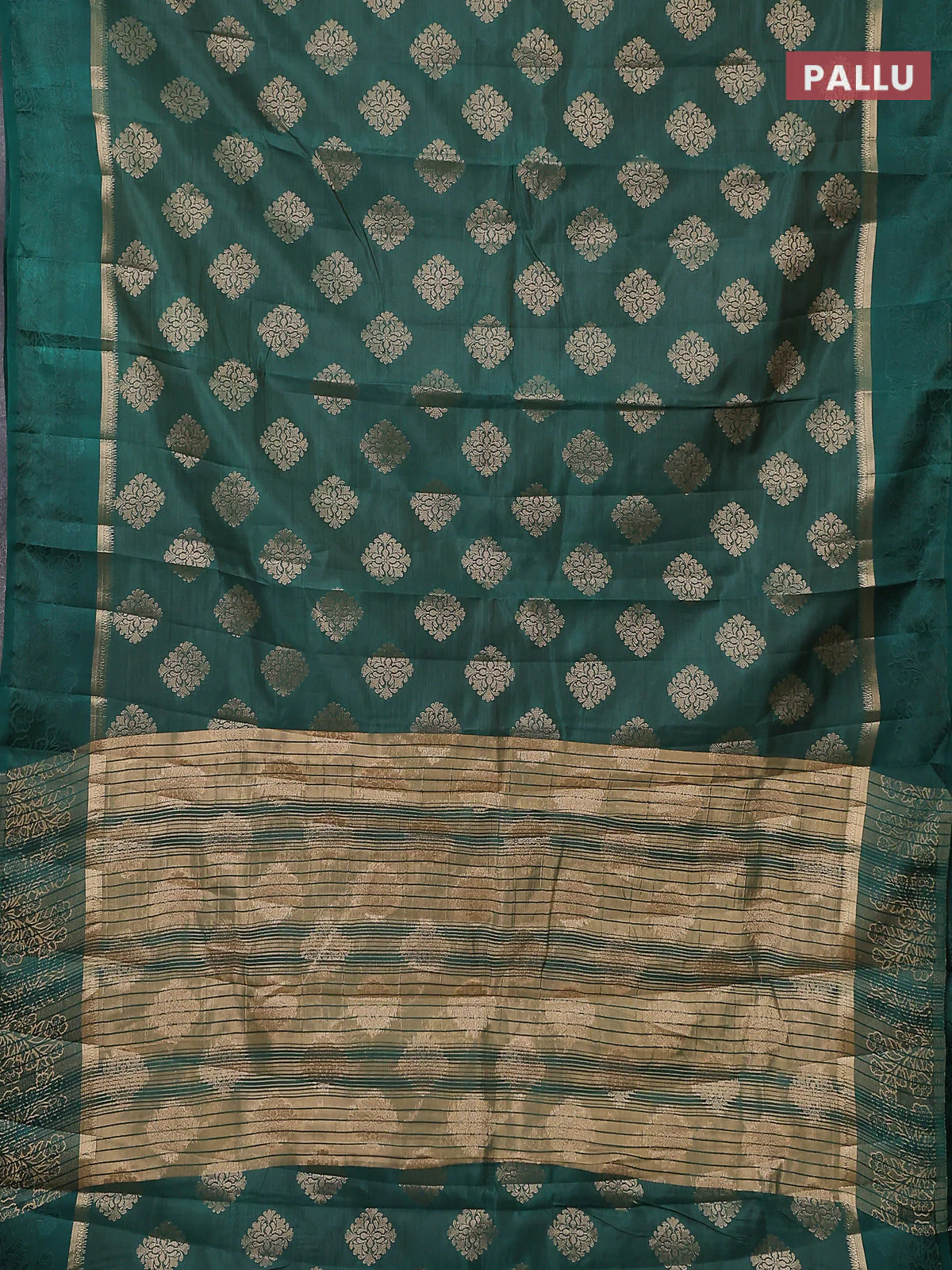 Semi raw silk saree green with zari woven buttas and zari woven simple border - Image 3