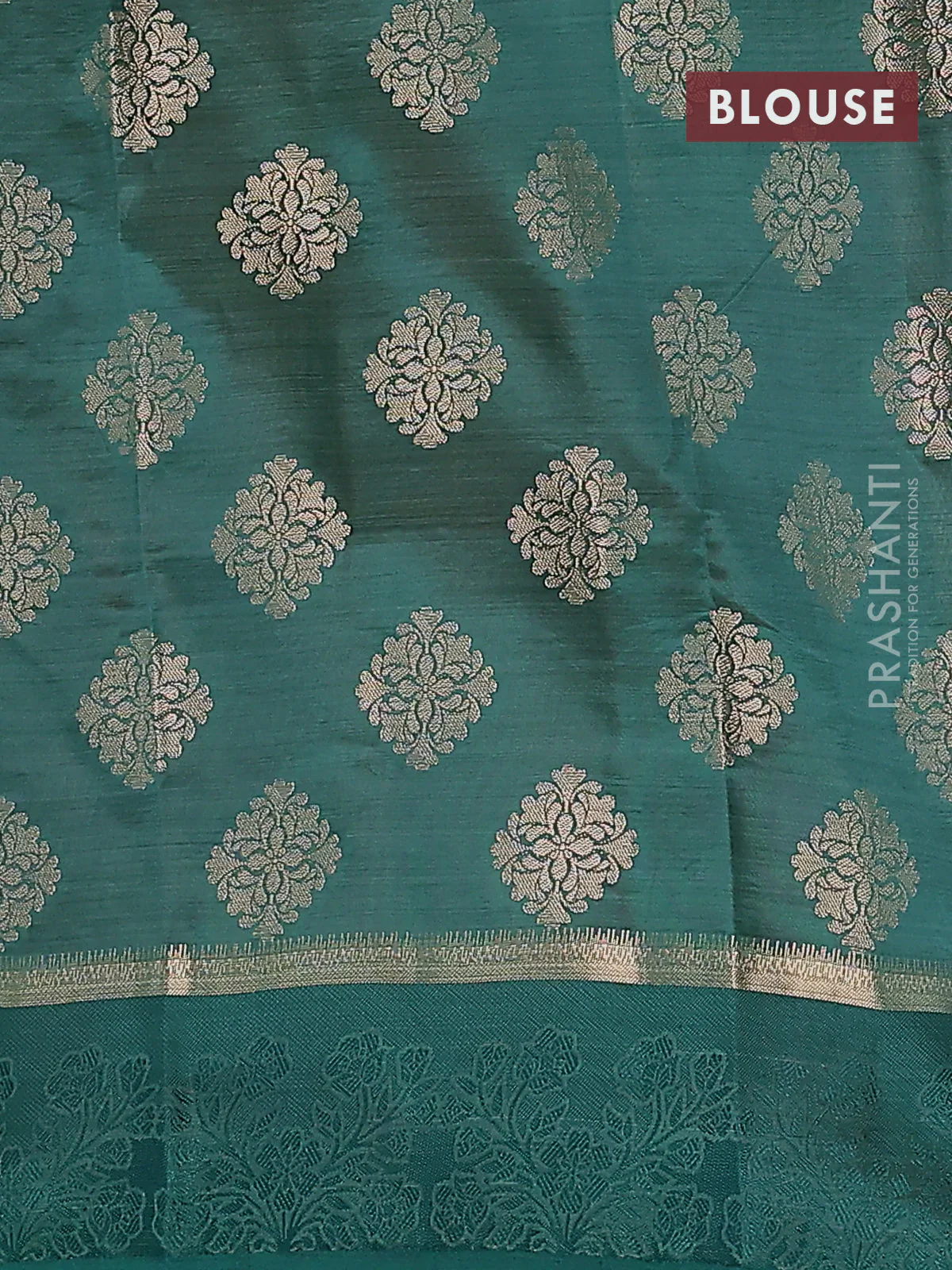 Semi raw silk saree green with zari woven buttas and zari woven simple border - Image 4