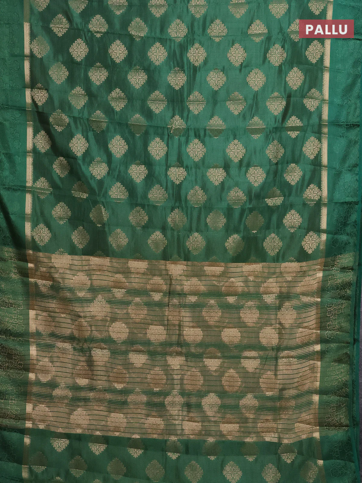 Semi raw silk saree green with zari woven buttas and zari woven simple border - Image 3
