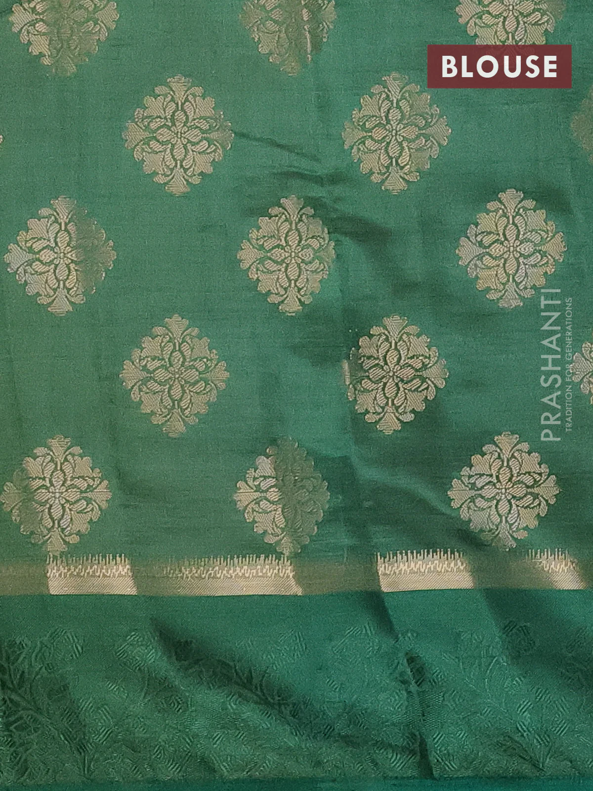 Semi raw silk saree green with zari woven buttas and zari woven simple border - Image 4