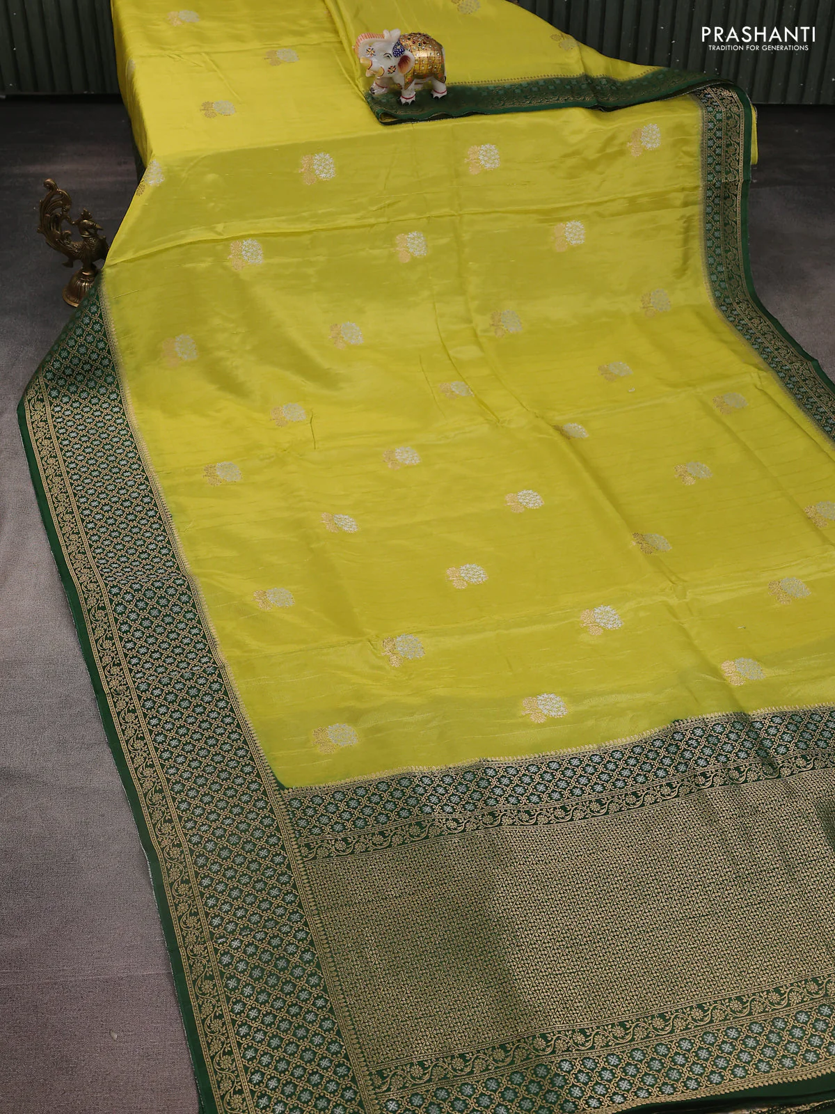 Semi raw silk saree Lime green and bottle green with silver & gold zari woven buttas and zari woven border - Image 2