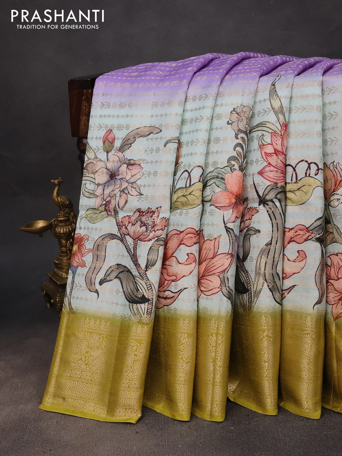Semi raw silk saree lavender shade and mehendi green with allover zari weaves & kalamkari digital prints and zari woven border - Image 2
