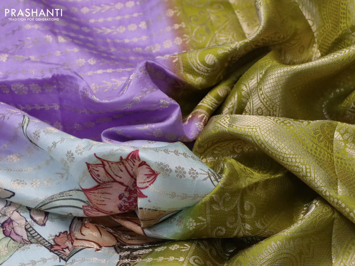 Semi raw silk saree lavender shade and mehendi green with allover zari weaves & kalamkari digital prints and zari woven border - Image 3