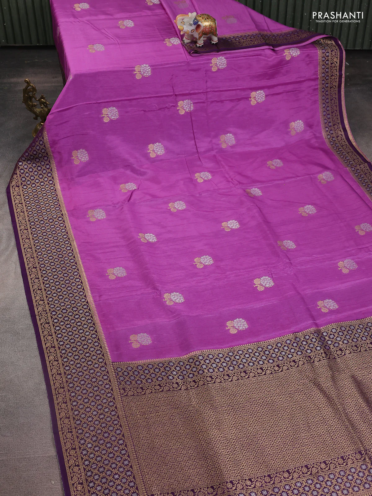 Semi raw silk saree lavender shade and purple with silver & gold zari woven buttas and zari woven border - Image 2