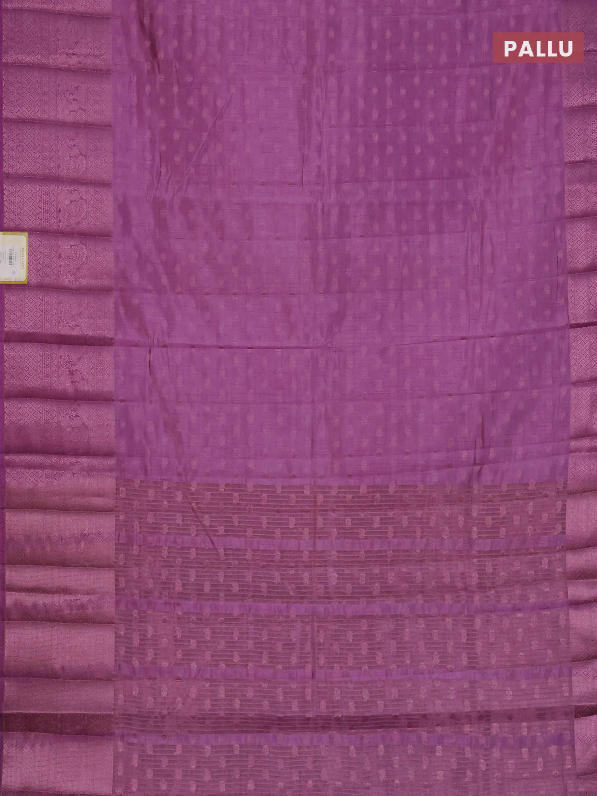 Semi raw silk saree lavender shade with allover pink zari woven buttas and pink zari woven border - Image 3