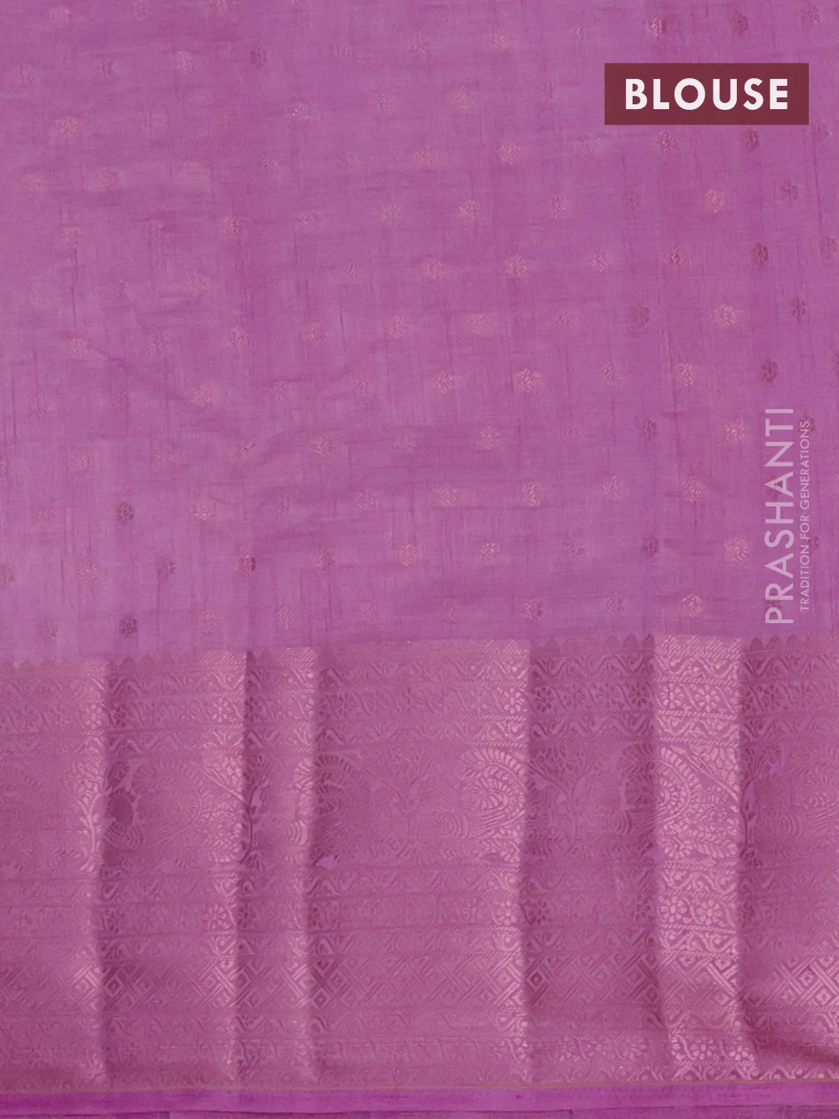 Semi raw silk saree lavender shade with allover pink zari woven buttas and pink zari woven border - Image 4