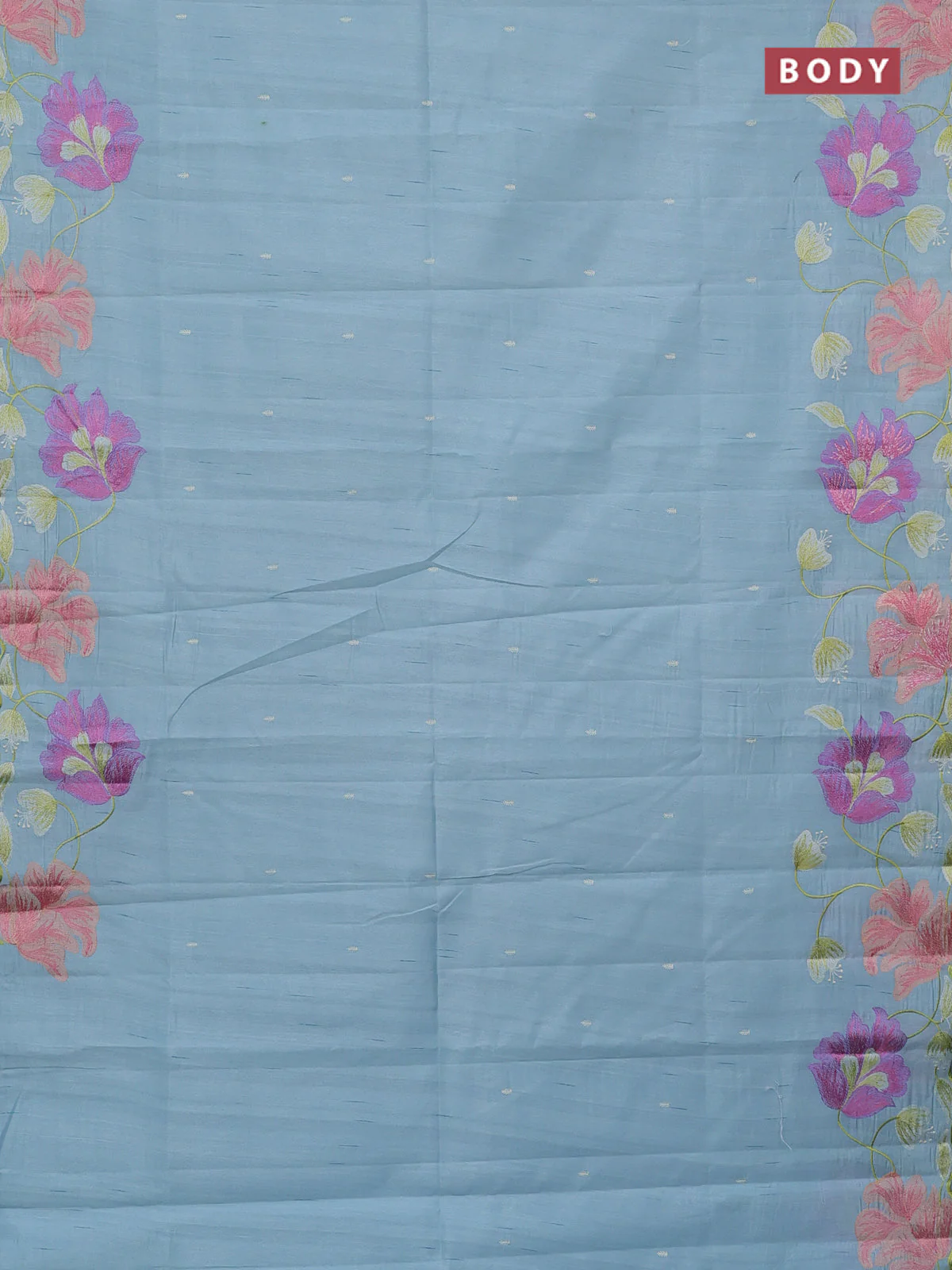 Semi raw silk saree light blue shade with thread woven buttas and floral deisgn embroidery work border - Image 2