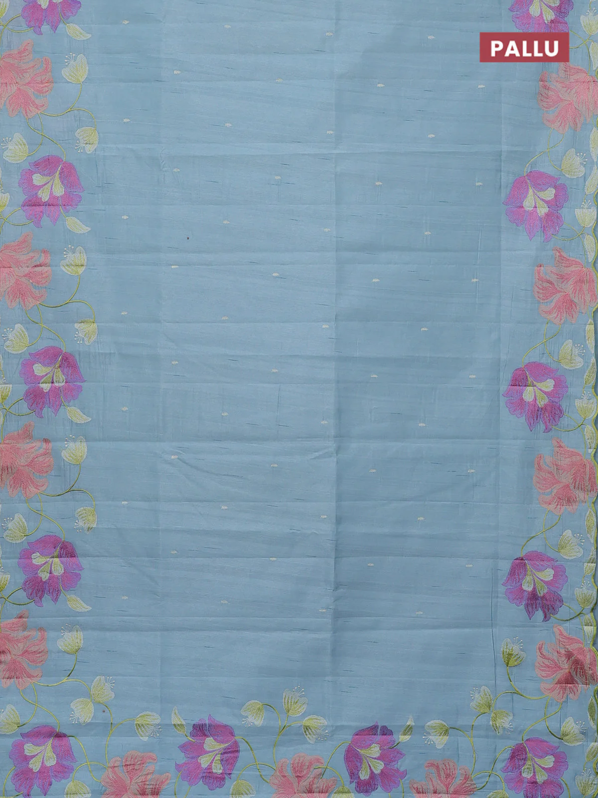 Semi raw silk saree light blue shade with thread woven buttas and floral deisgn embroidery work border - Image 3