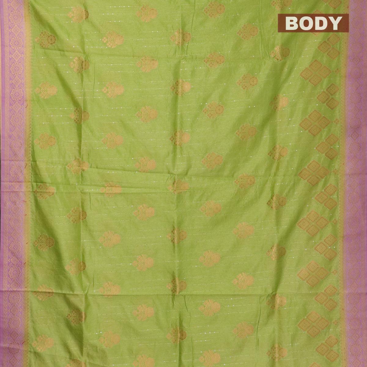 Semi raw silk saree light green and mild purple with allover zari butta sequin work and zari woven border - Image 2