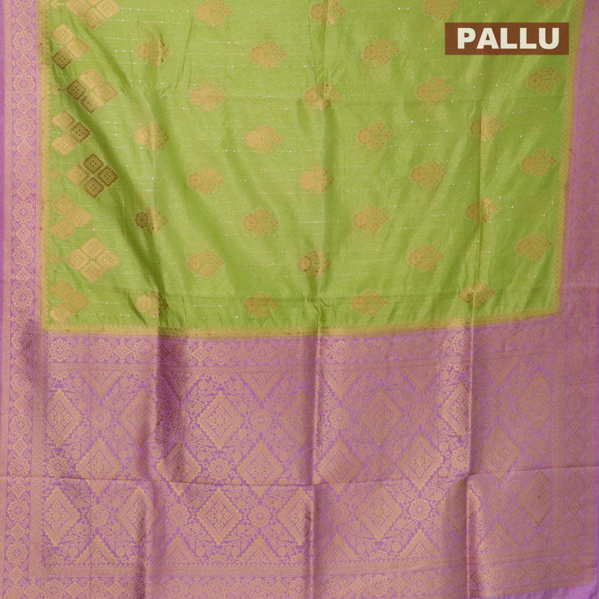 Semi raw silk saree light green and mild purple with allover zari butta sequin work and zari woven border - Image 3