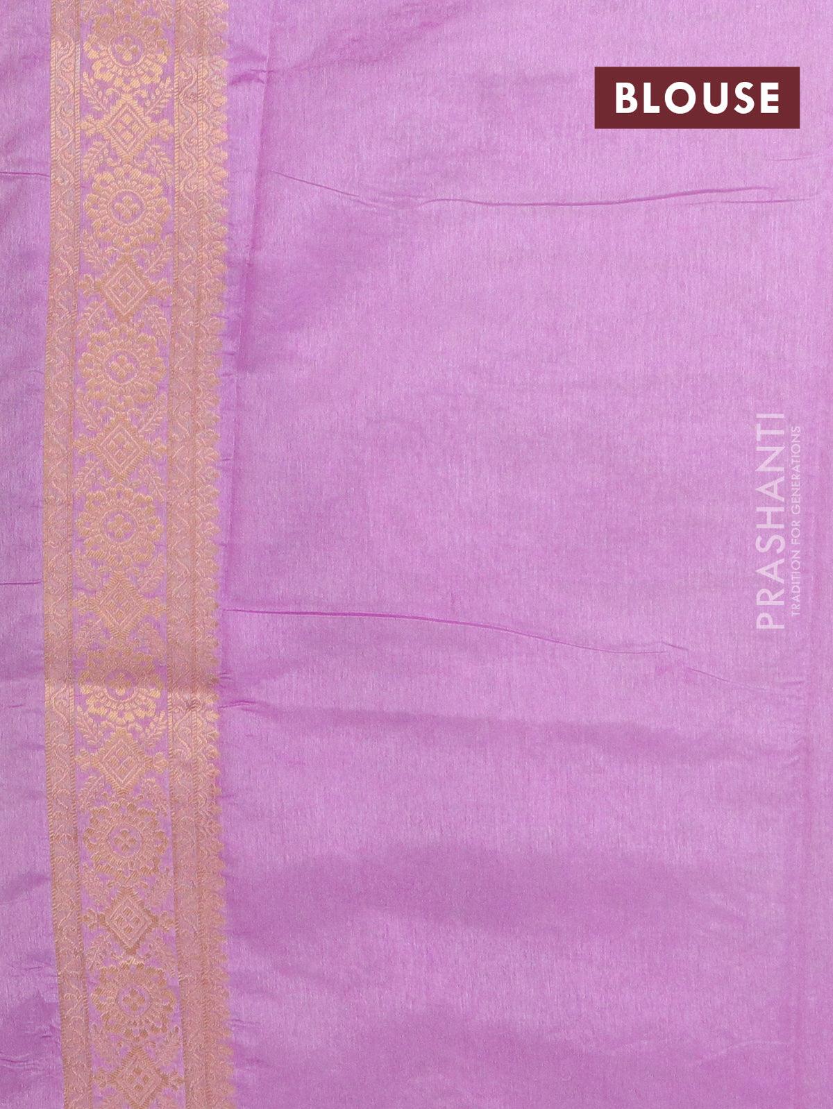 Semi raw silk saree light green and mild purple with allover zari butta sequin work and zari woven border - Image 4