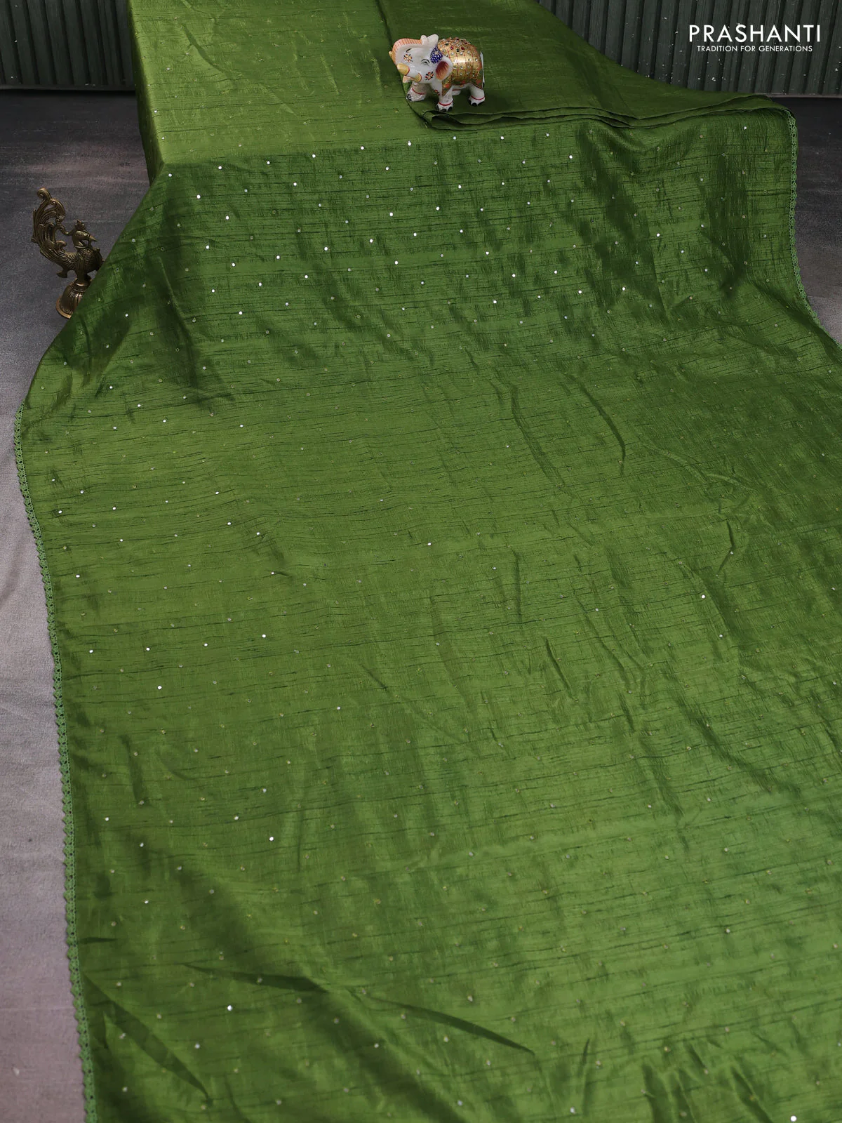 Semi raw silk saree light green with allover mirror work and lace work border - Image 2