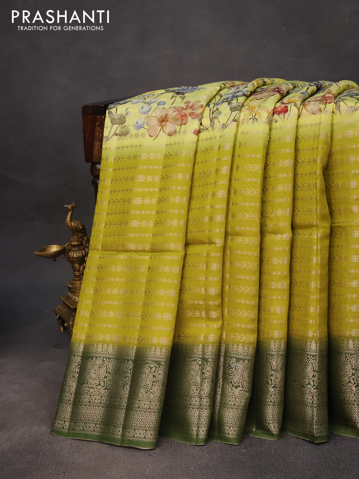 Semi raw silk saree lime shade and green with allover zari weaves & floral digital prints and zari woven border - Image 2