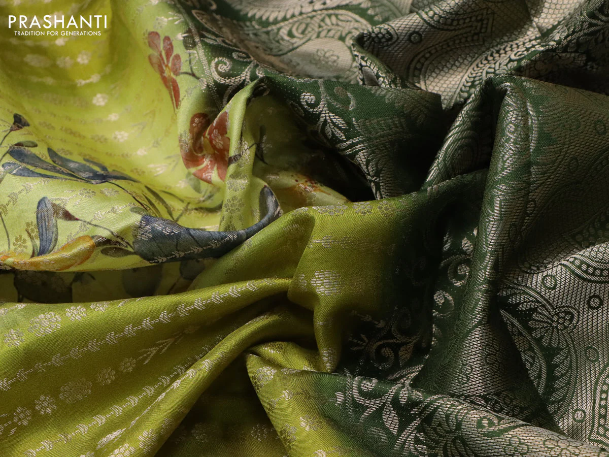 Semi raw silk saree lime shade and green with allover zari weaves & floral digital prints and zari woven border - Image 3