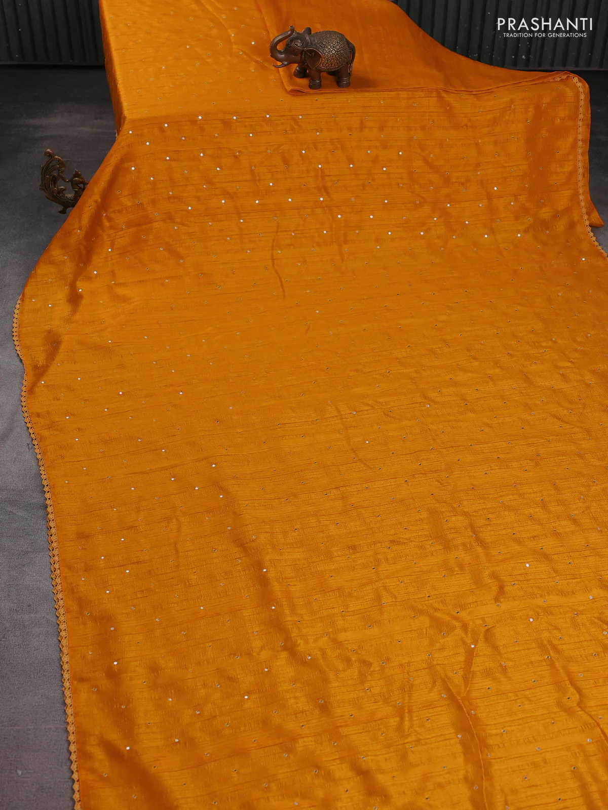 Semi raw silk saree mango yellow with allover mirror work and lace work border - Image 2