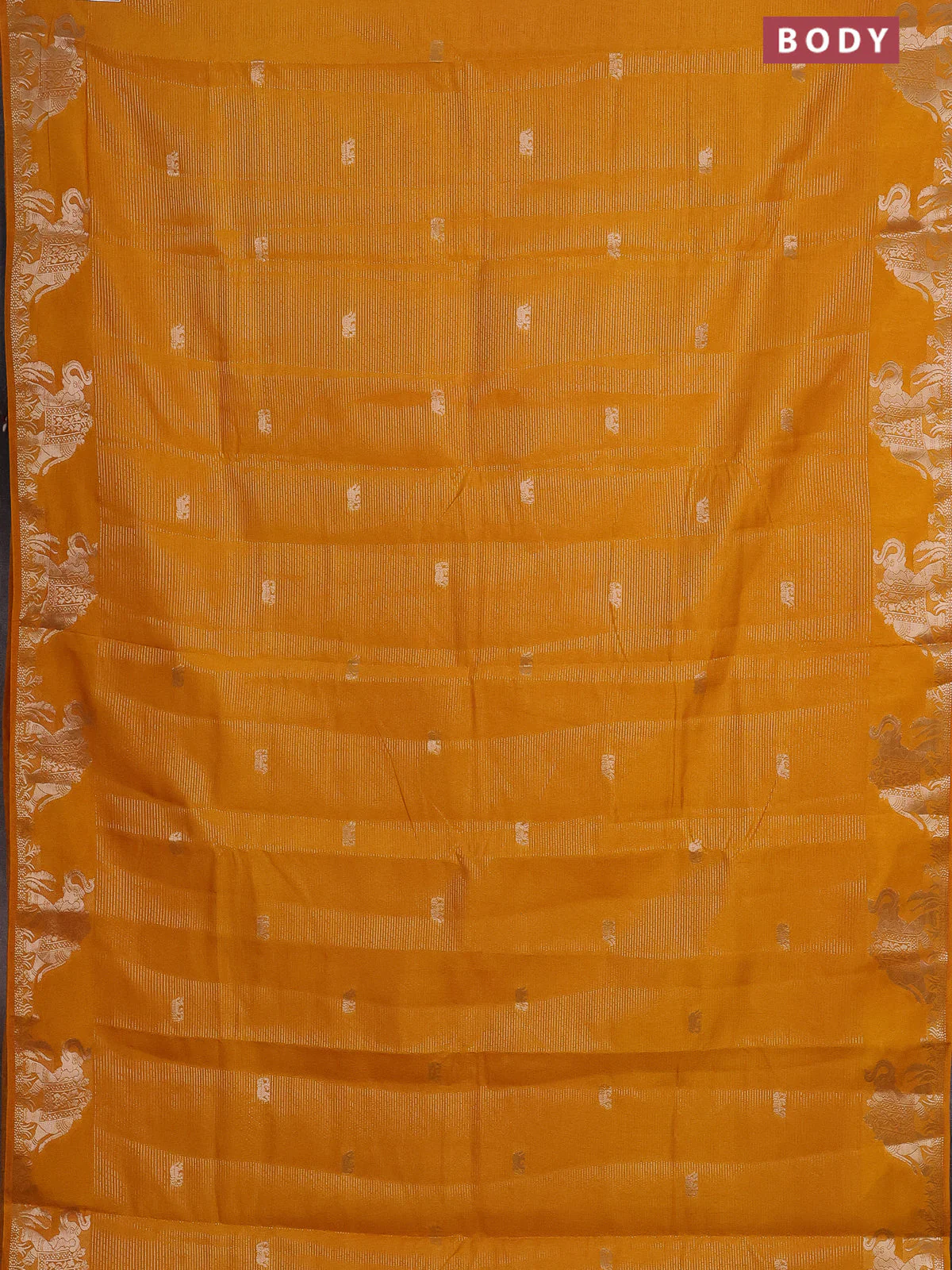 Semi raw silk saree mango yellow with zari weaves & elephant buttas and elephant design zari woven border - Image 2