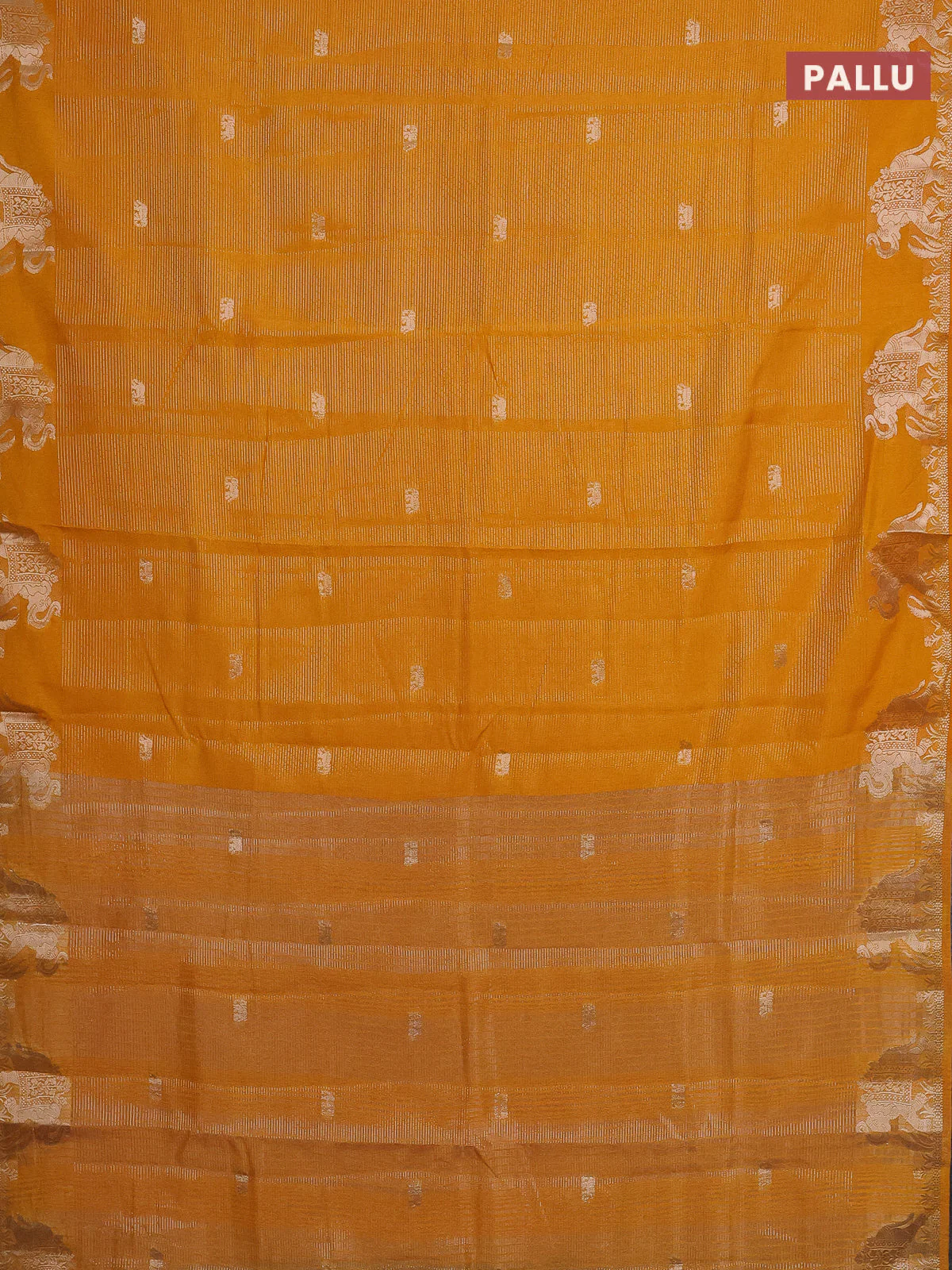 Semi raw silk saree mango yellow with zari weaves & elephant buttas and elephant design zari woven border - Image 3