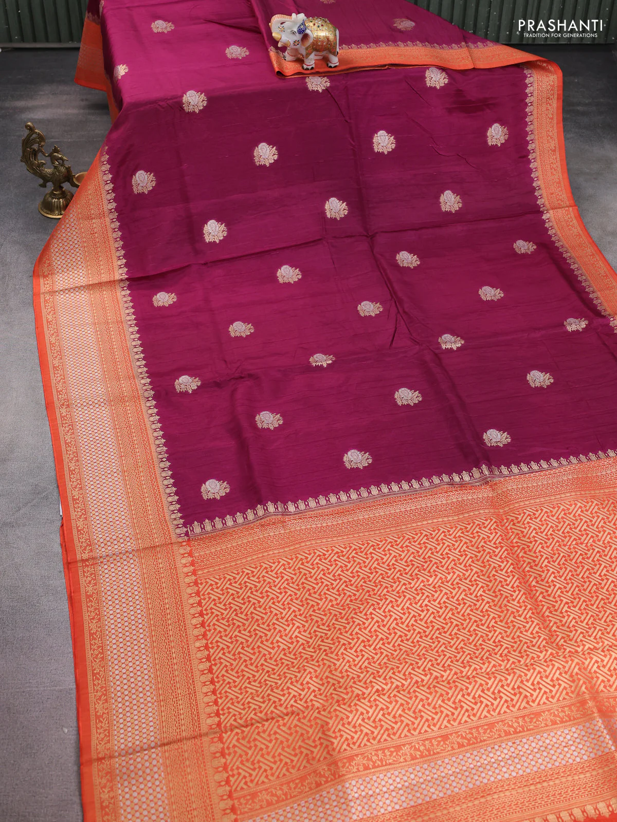 Semi raw silk saree maroon and orange with silver & gold flower zari woven buttas and zari woven border - Image 2