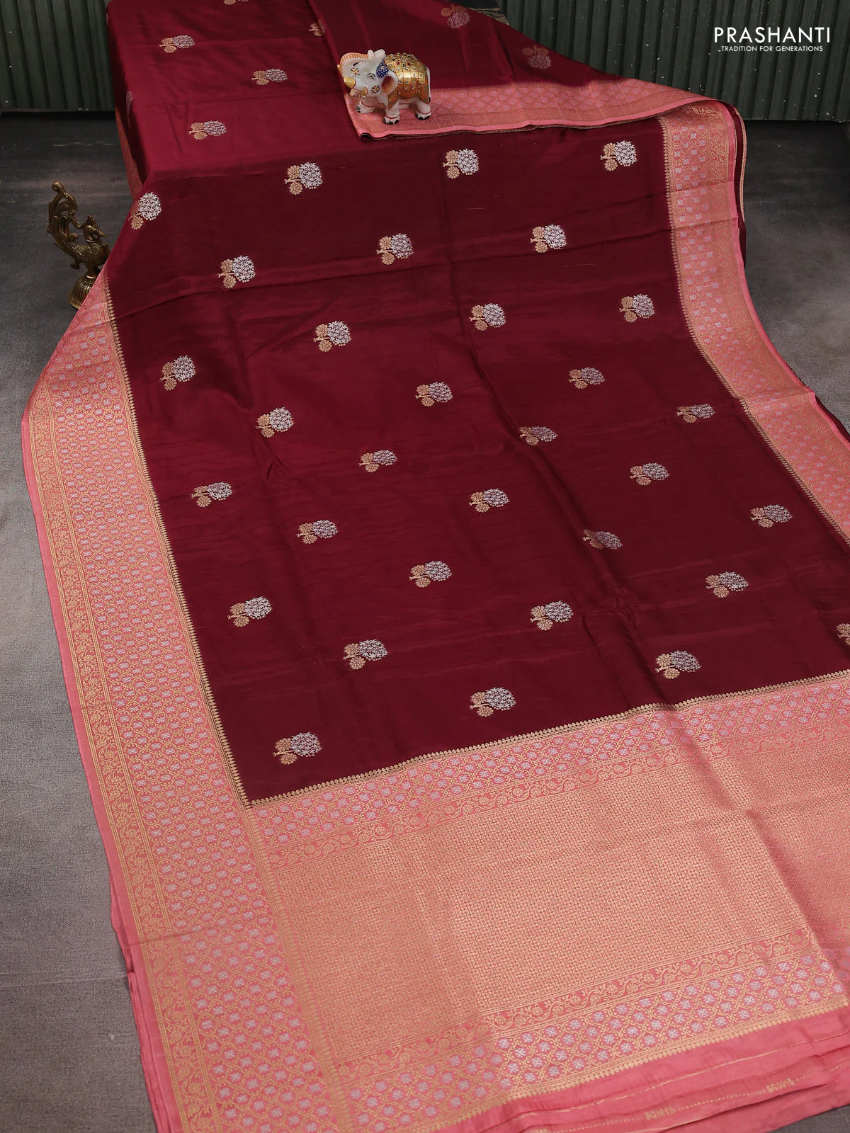 Semi raw silk saree maroon and peach shade with silver & gold zari woven buttas and zari woven border - Image 2