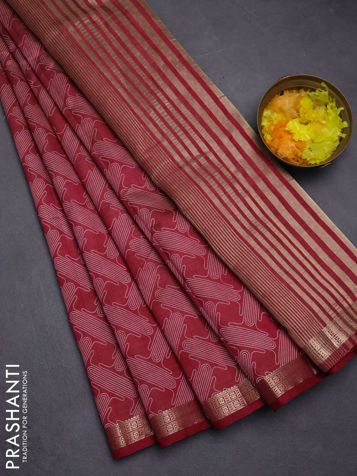 Semi raw silk saree maroon with allover geometric prints and zari woven border