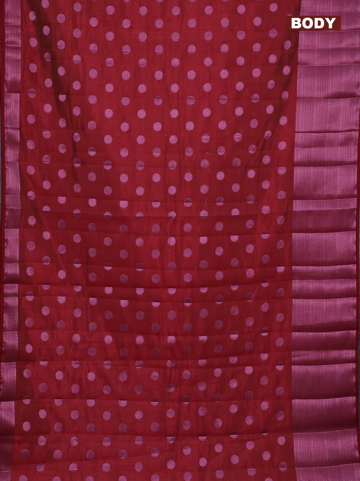 Semi raw silk saree maroon with allover pink zari woven buttas and pink zari woven border - Image 2