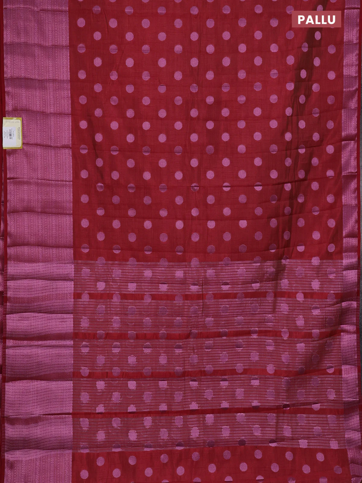 Semi raw silk saree maroon with allover pink zari woven buttas and pink zari woven border - Image 3