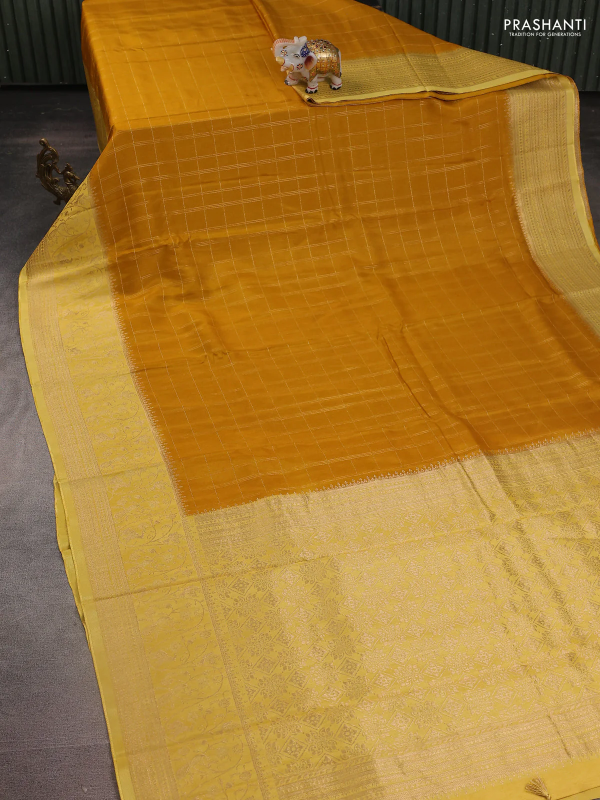 Semi raw silk saree mustard yellow and yellow with allover zari woven checked pattern and zari woven border - Image 2