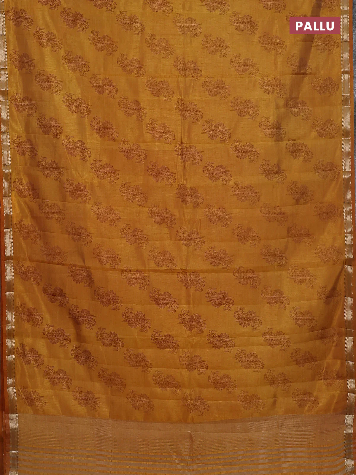 Semi raw silk saree mustard yellow with butta prints and zari woven border - Image 3