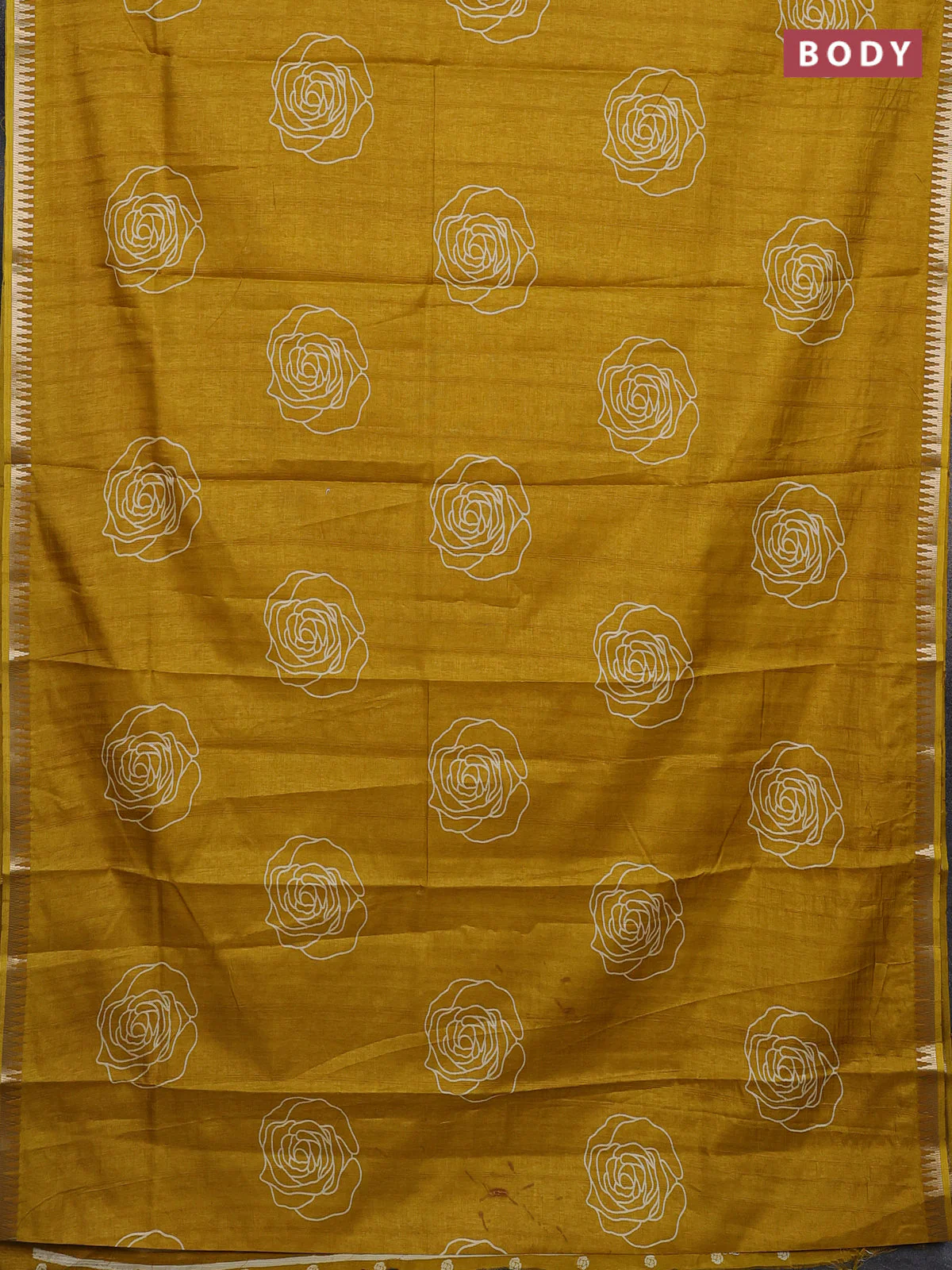 Semi raw silk saree mustard yellow with floral butta prints and temple design zari woven border - Image 2