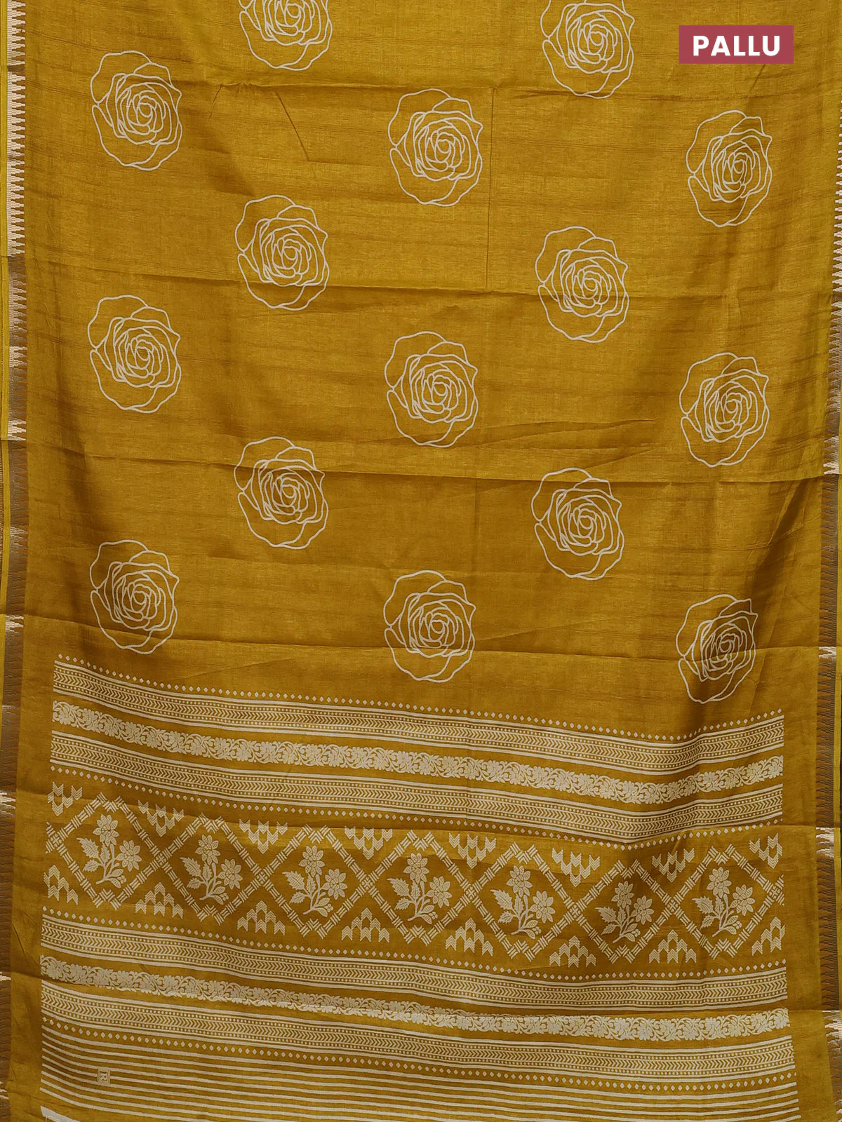 Semi raw silk saree mustard yellow with floral butta prints and temple design zari woven border - Image 3