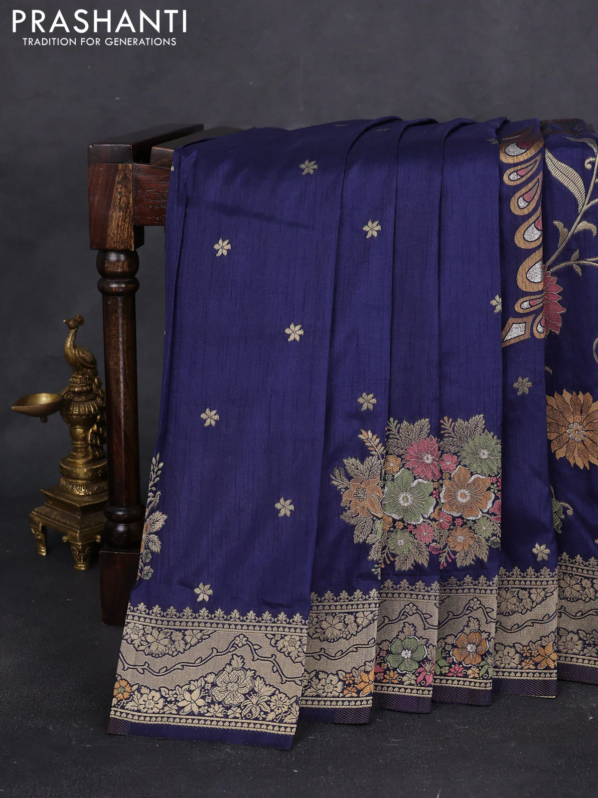 Semi raw silk saree navy blue and allover jamdhani weaves and zari woven border - Image 2