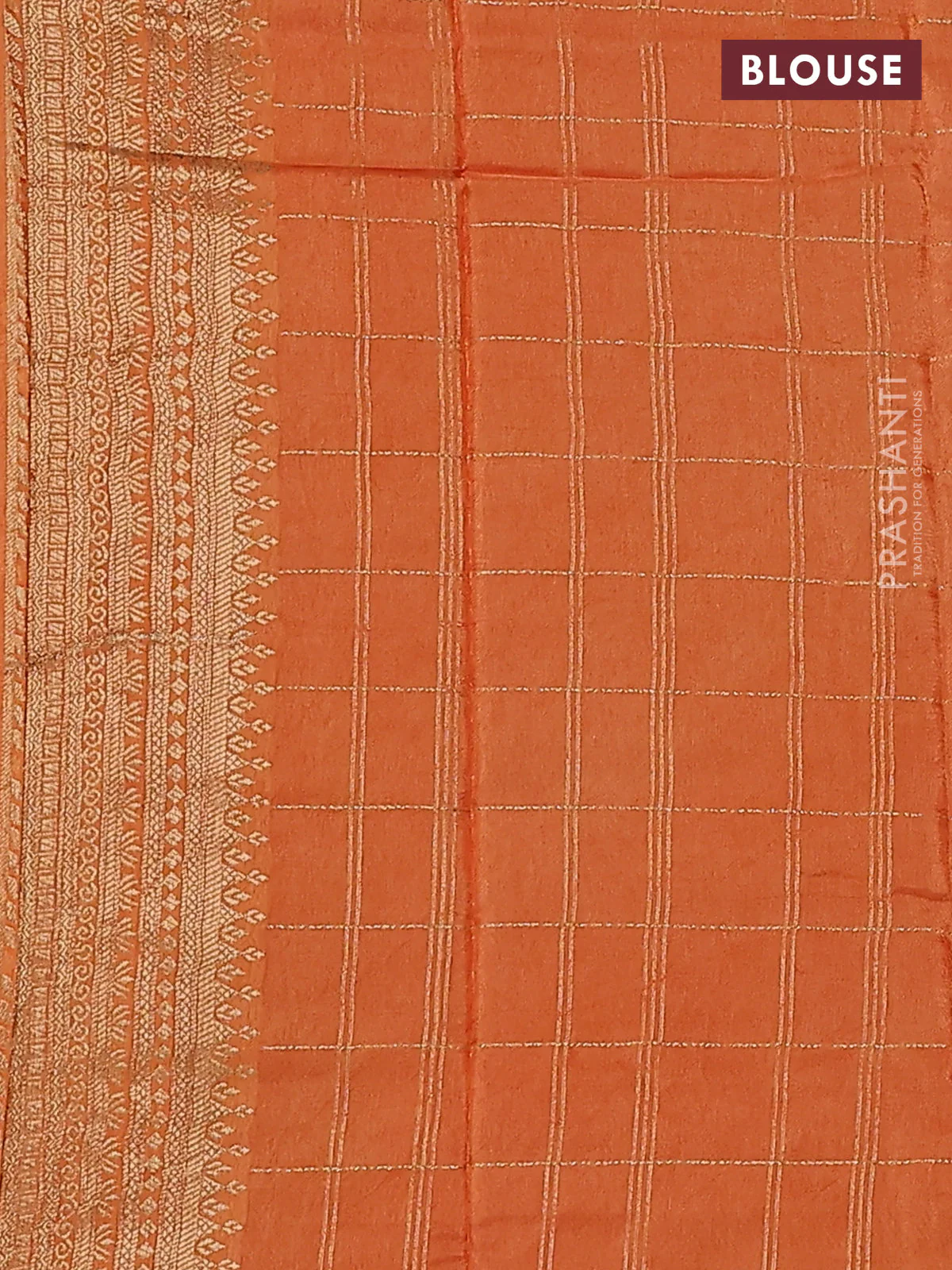 Semi raw silk saree orange and pale orange with allover zari woven checked pattern and zari woven border - Image 3
