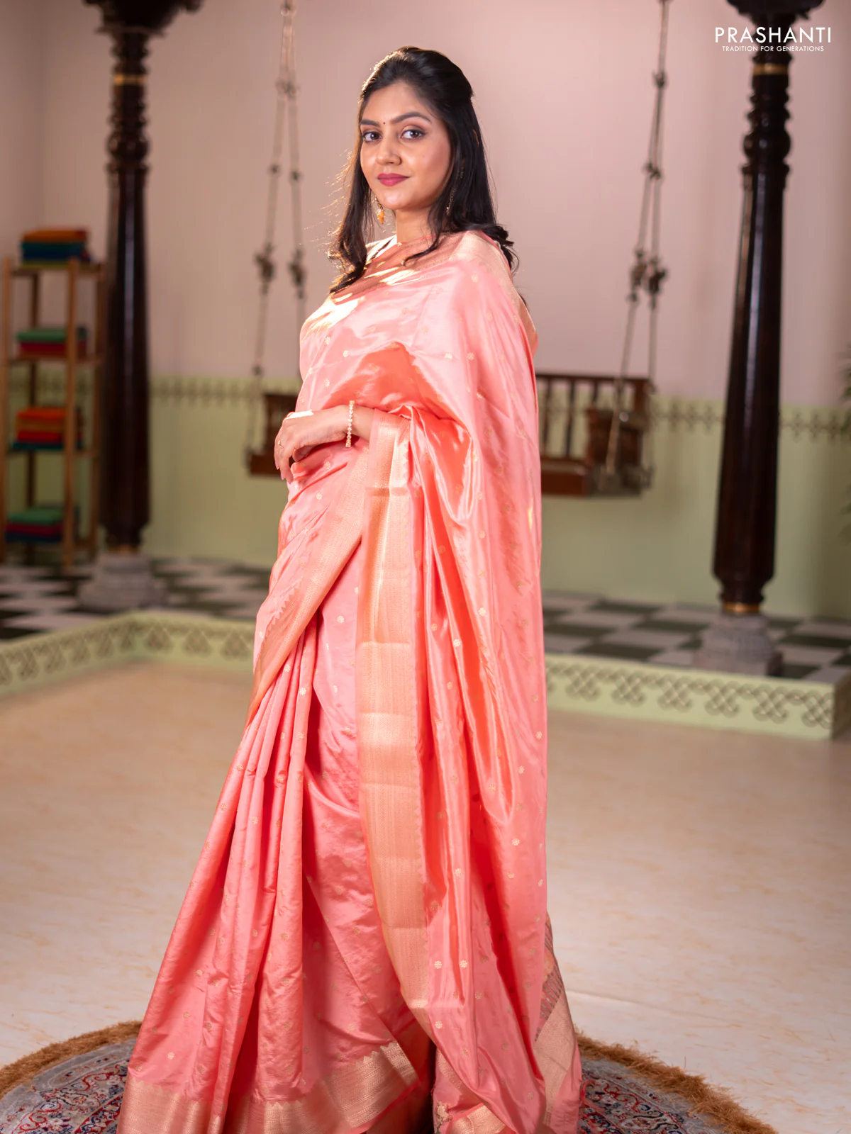 Semi raw silk saree orange with allover zari woven buttas and zari woven border - Image 2
