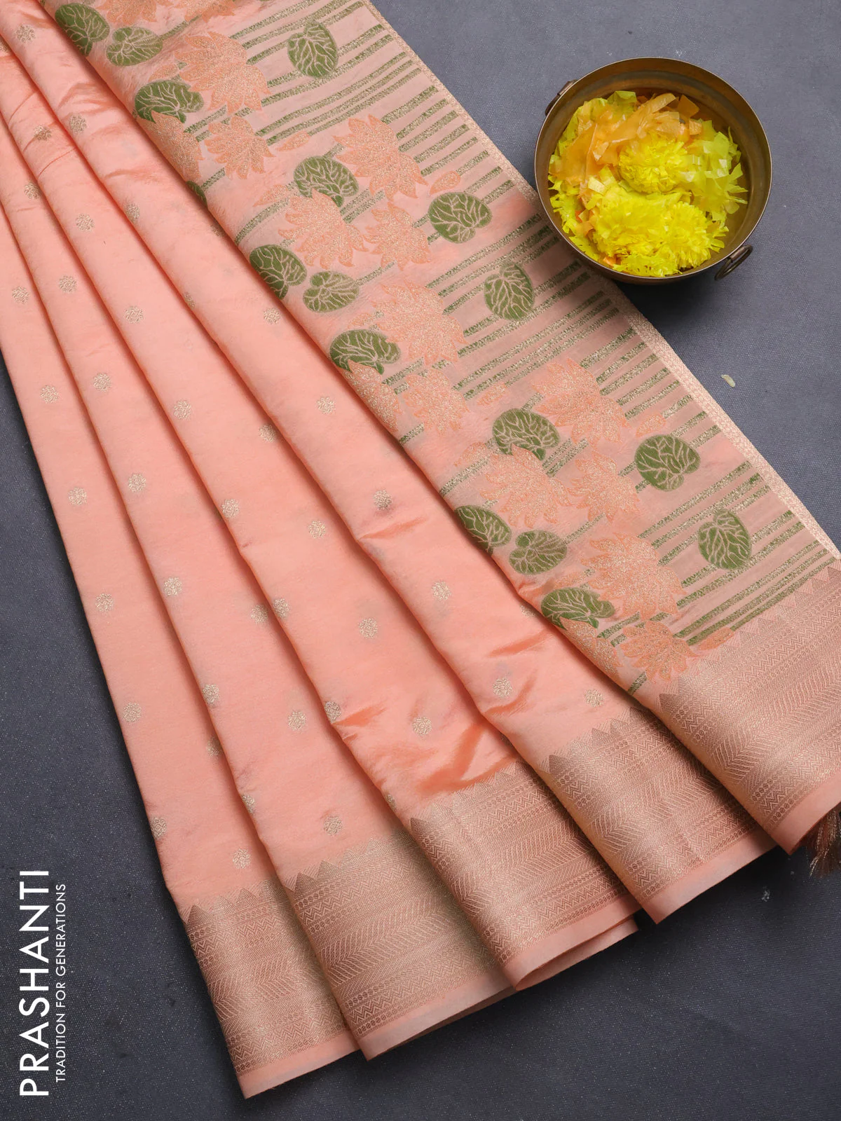 Semi raw silk saree orange with allover zari woven buttas and zari woven border - Image 4
