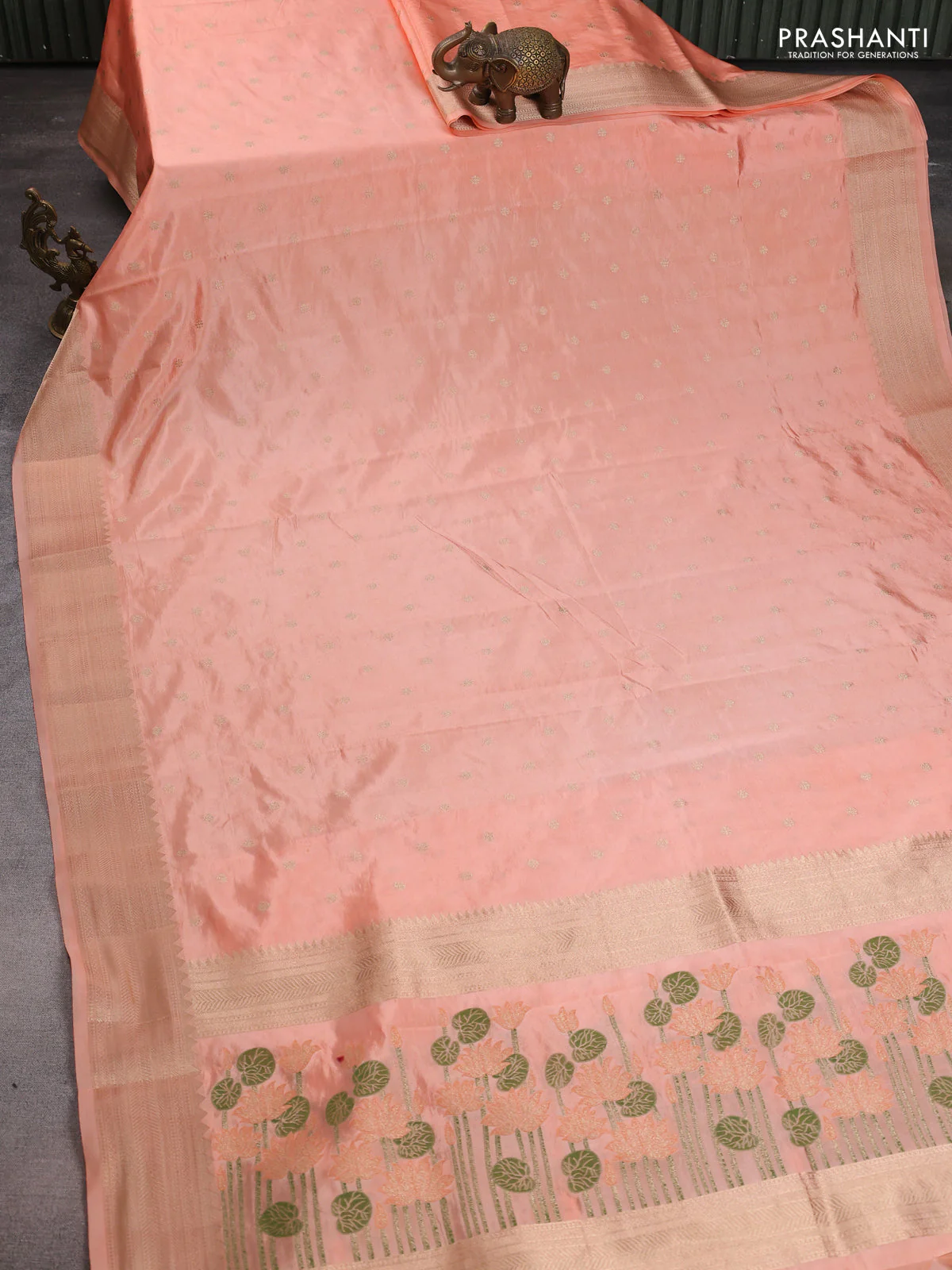 Semi raw silk saree orange with allover zari woven buttas and zari woven border - Image 5