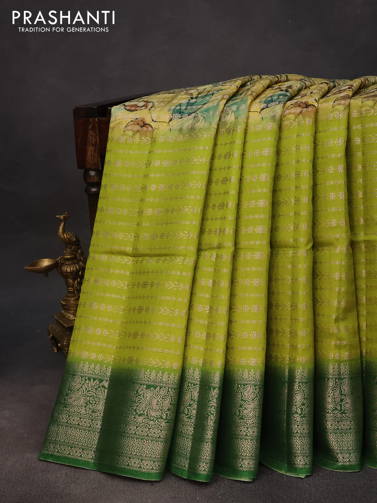 Semi raw silk saree pale yellow and lime green with allover zari weaves & floral digital prints and zari woven border - Image 2